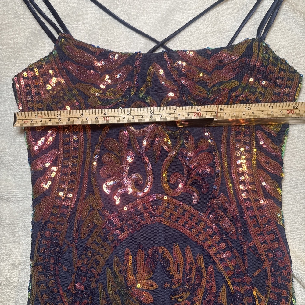 Blondie Nites Sequin Bodycon Mini Dress Jr Size 1 Gold Orange Navy Party - Picture 4 of 7